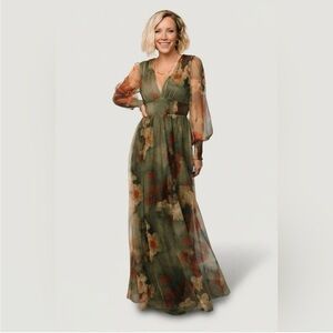 Baltic Born Layla Tulle Maxi Dress Olive Rust Floral V-Neck Smocked Waist Dress